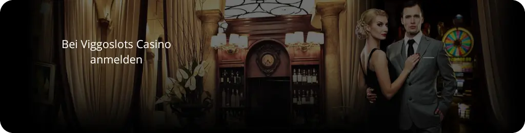 Viggoslots Casino Anmeldung mit elegantem Paar und luxuriösem Hintergrund
