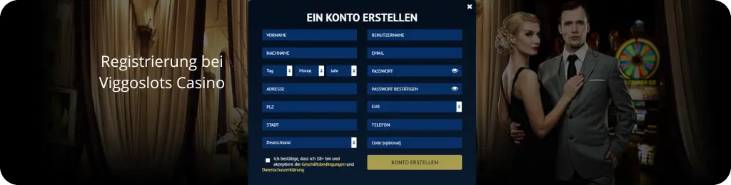 Viggoslots Casino Registrierung mit Anmeldeformular und elegantem Paar